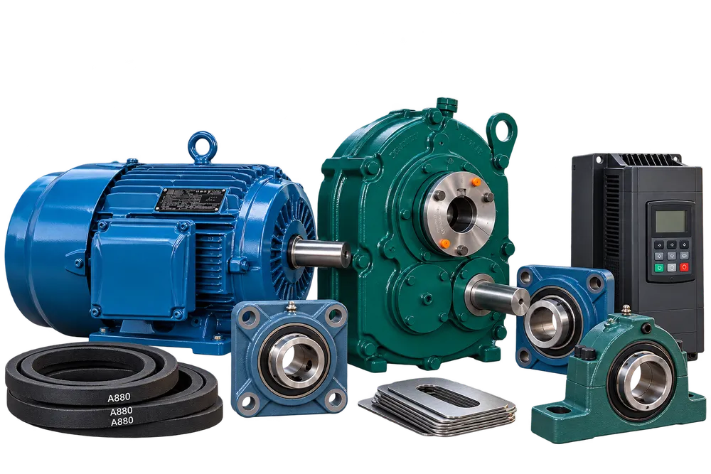 Electric motors, gearboxes, bearings, belts, and industrial drive components.
