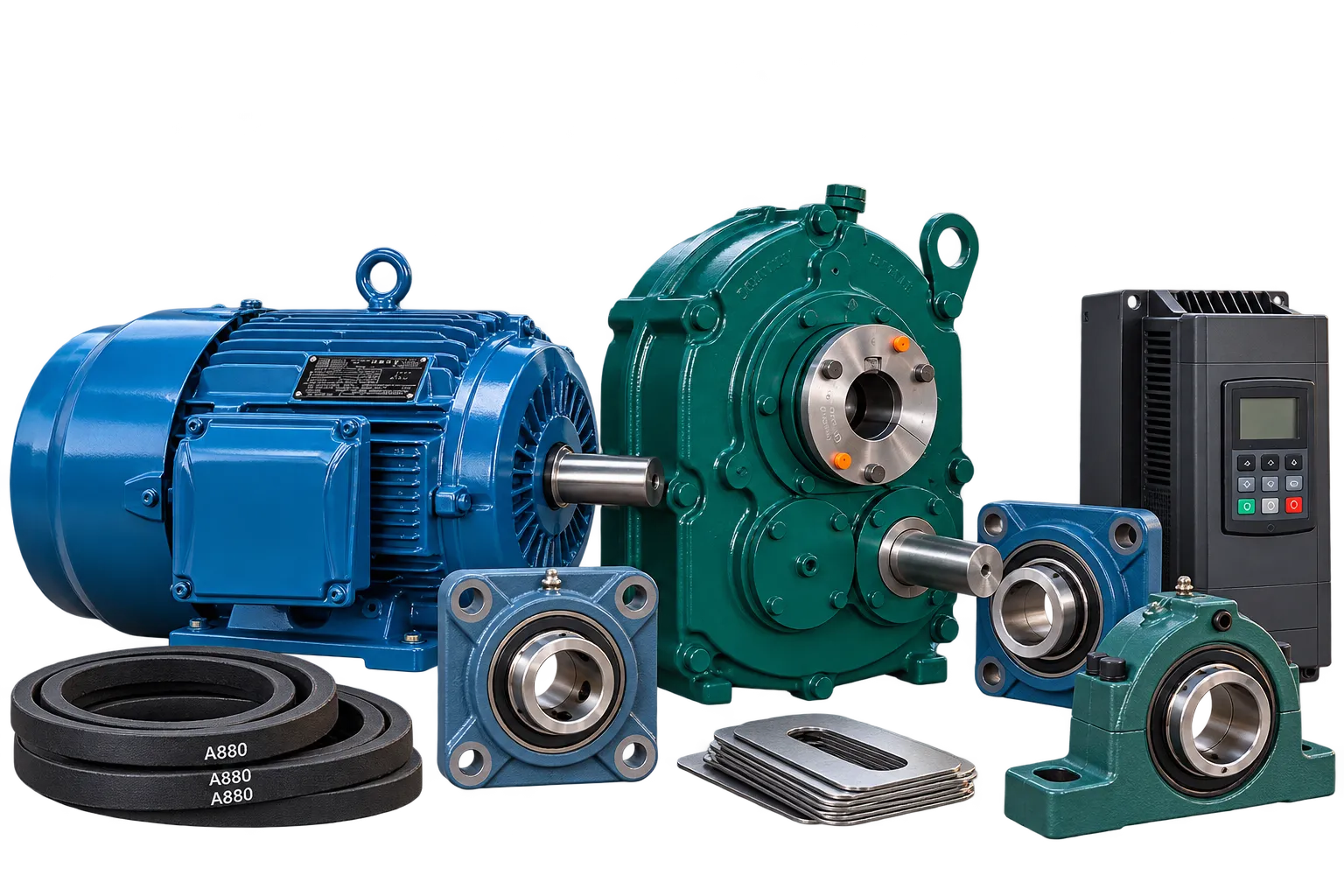 Electric motors, gearboxes, bearings, belts, and industrial drive components.
