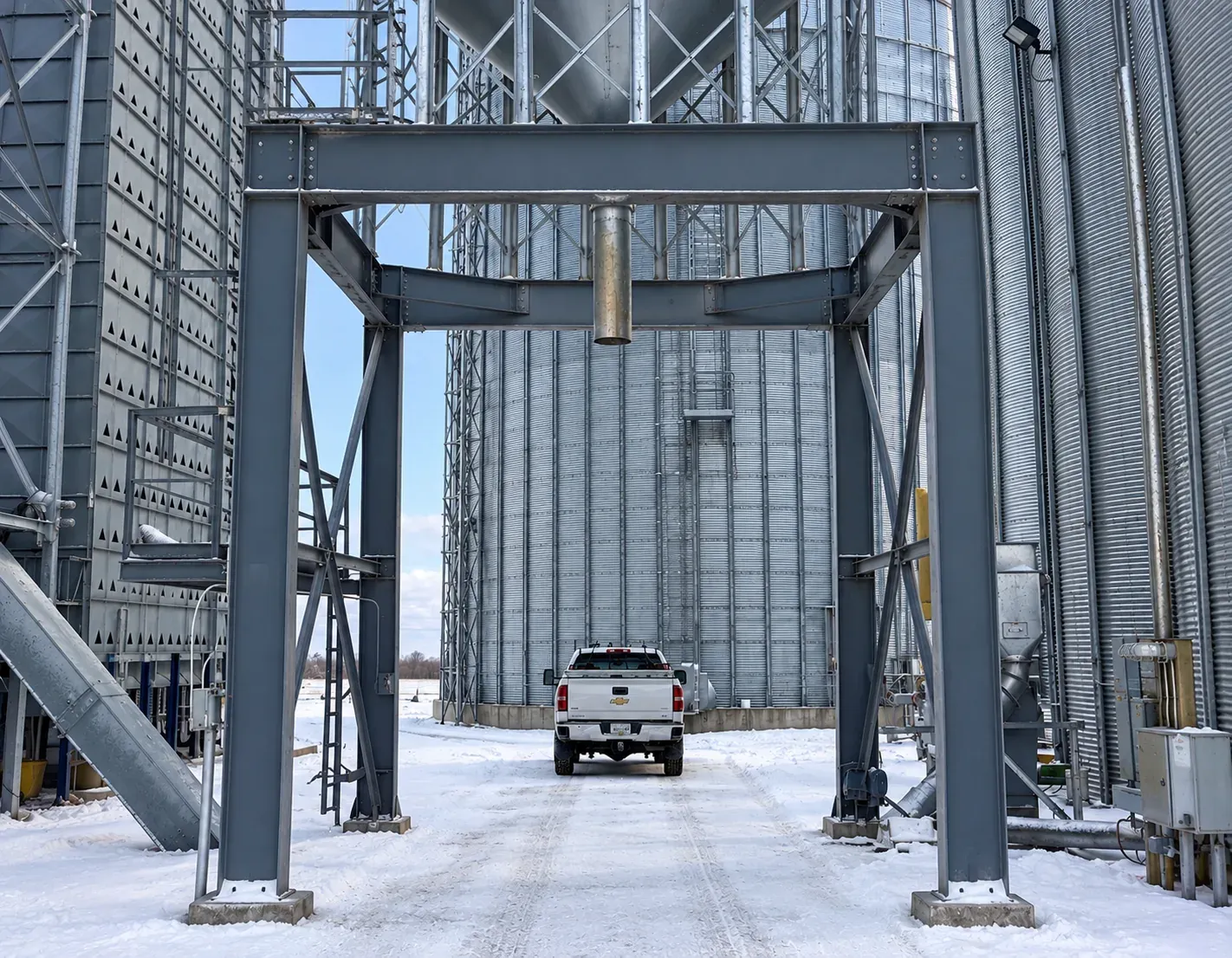 Steel support frame and overhead hopper between grain storage bins, with a pickup truck beneath.