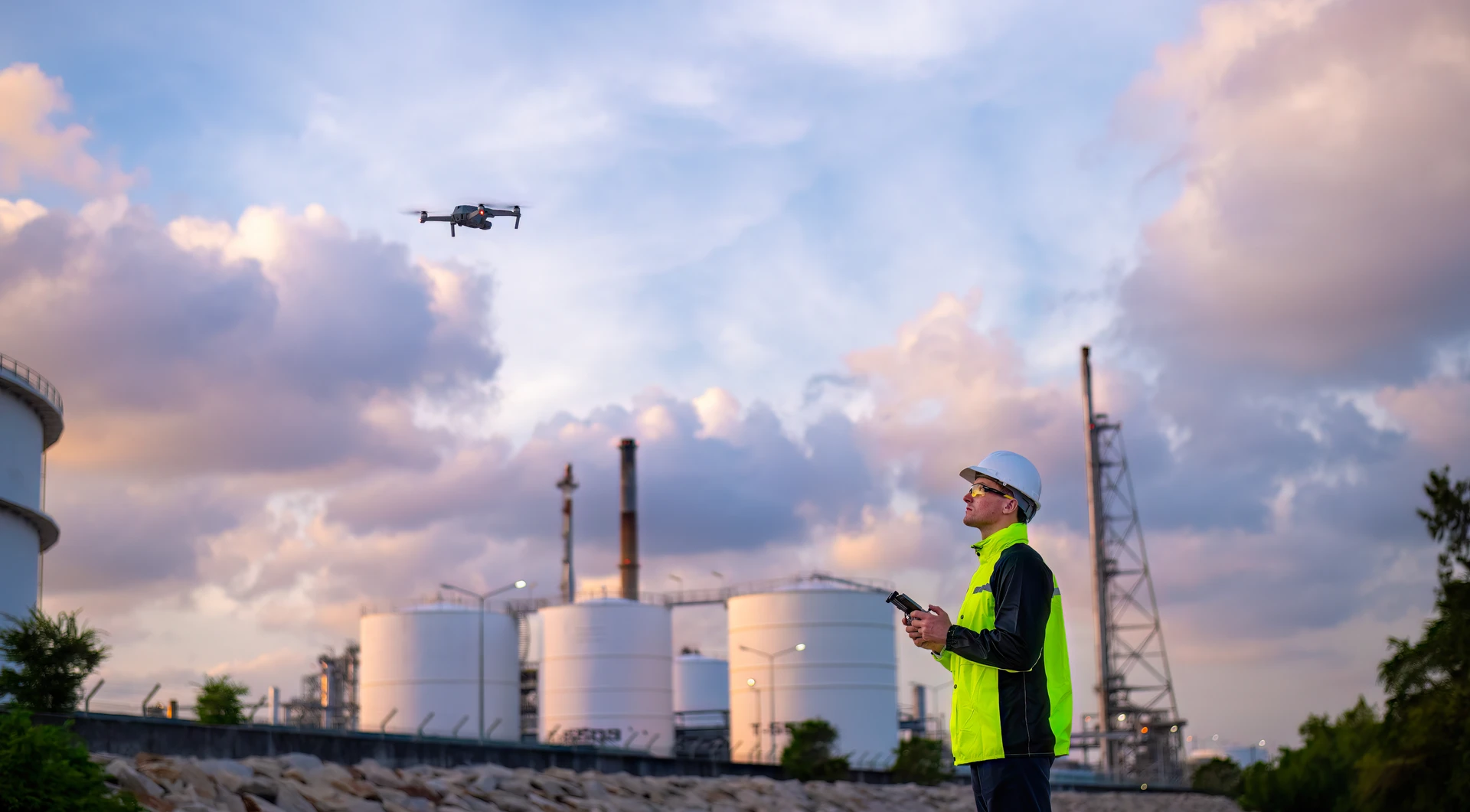 Technician operating a drone to inspect a grain facility