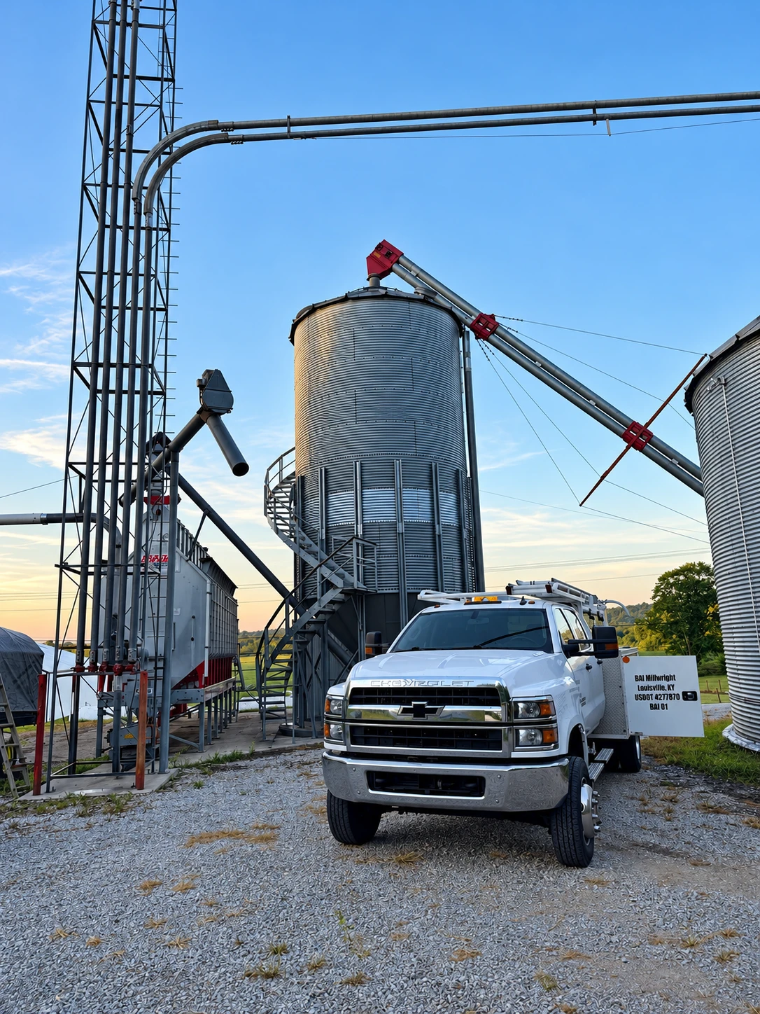 BAI service truck beside a grain storage facility