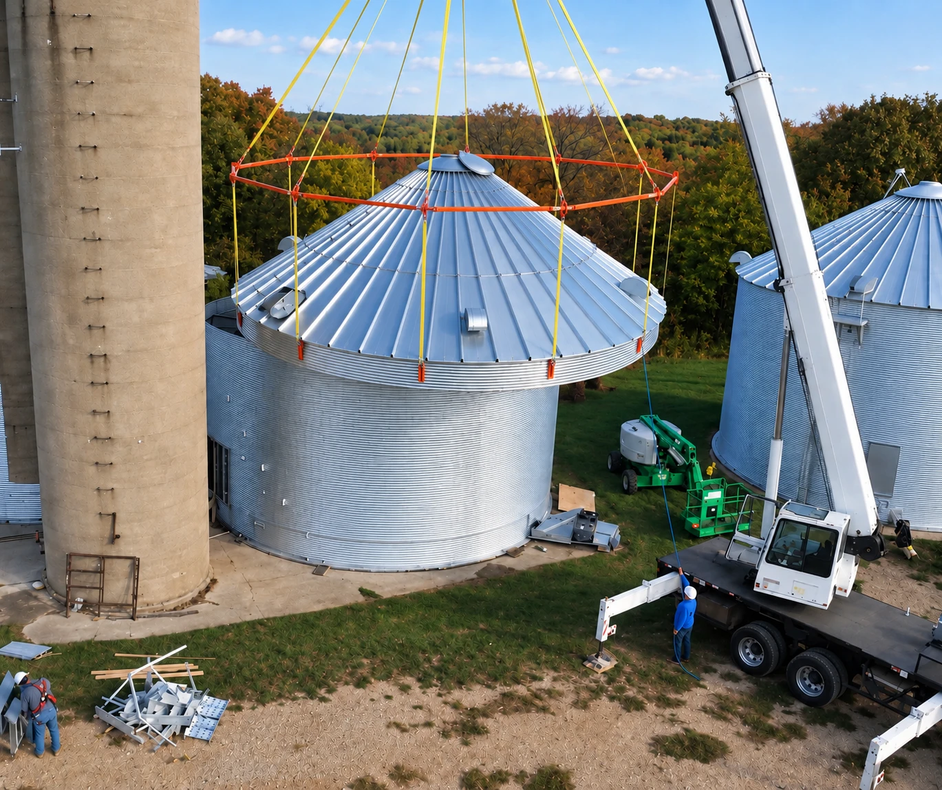 Aerial lift positioned beside a grain bin